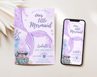 May include: Purple and blue mermaid themed invitation with a watercolor background. The invitation says "Join us to celebrate our little Mermaid, Isabelle's 4th Birthday, Saturday, May 10th at 1 pm, 319 Pacific Court, How A City, JA 32200, RSVP to Emily 123456789".