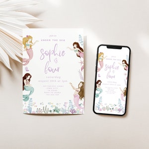 Under The Sea Birthday Invitation, Editable Mermaid Girl Party Invite Template, Magical Sea Life, Pink Mermaid, Instant Download, Digital