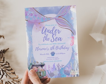 Editable Under the Sea Purple Teal Little Mermaid Birthday Invitation Birthday Invite Invites Printable Template Instant Download