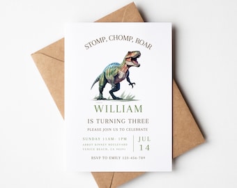 Stomp Chomp Roar Dinosaur Birthday Invitation, Party Like A Dinosaur, Three Rex Invitation, Dinosaur Birthday Template, Dinosaur Birthday