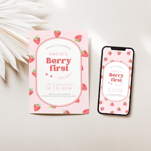 Beere Erster Geburtstag Einladung, Erdbeere Geburtstagseinladung, Erdbeer Party Einladen, 1. Geburtstag Mädchen, Beere Süßer Erster Geburtstag Rosa