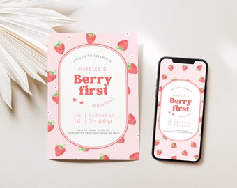 May include: A pink and white invitation with a strawberry pattern. The invitation says "Join us to celebrate Amelie's Berry First Birthday, Jul 14, Saturday, 2-4PM".