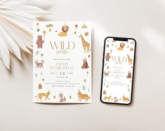Wild One Einladung, Wild Thing Einladung, Safari 1. Geburtstag, Einladung zum 1. Geburtstag, Sie bearbeiten, One Geburtstag einladen, Canva Vorlage,