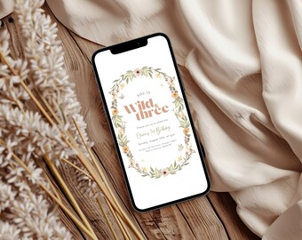 Wild and Three Wildflower Birthday Invitation, Wildflower Party Invitation, Digital Wild and Three Wildflower, Digital Phone Invite, Canva