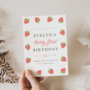 Berry First Birthday Invitation, Berry First Birthday Digital Invitation Birthday, Strawberry First Birthday Invite, Canva Template