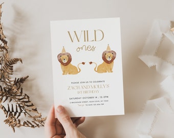 Wild One Twin Einladung, Wild One Einladung, Safari Zwillinge 1. Geburtstag, Zwillinge 1. Geburtstag einladen, Geburtstag einladen, Canva Vorlage