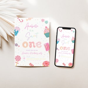 Sweet One Birthday Invitation, First Birthday Girl Invitation, Candy Land Birthday Invitation, Donut invite Template, Text Invite, Canva