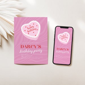 Trendy Heart Shaped Birthday Cake Party, Birthday Dinner Invitation, 18th Birthday Invite, Heart Cake Design, iPhone Invite, Canva Template