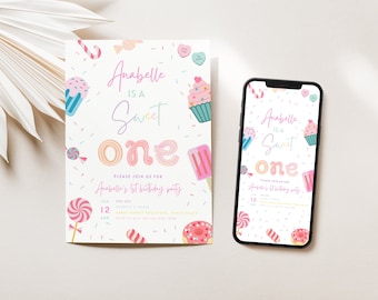Sweet One Birthday Invitation, First Birthday Girl Invitation, Candy Land Birthday Invitation, Donut invite Template, Text Invite, Canva