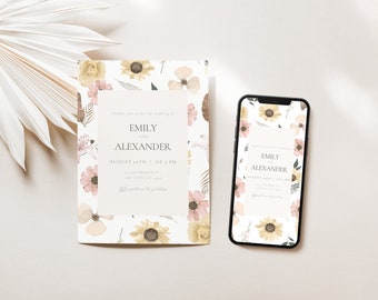 Pastell Wildblumen Hochzeitseinladung, Altrosa Hochzeitseinladung, Hochzeitseinladung Frühling einladen, Aquarell Pastell Blumen, Instant Download