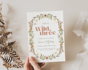 Wild and Three Wildflower Birthday Invitation, Wildflower Party Invitation, Digital Wild and Three Wildflower, 3rd Birthday Wildflower