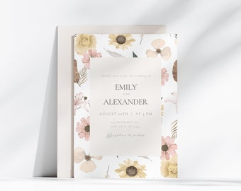 Pastell Wildblumen Hochzeitseinladung, Altrosa Hochzeitseinladung, Hochzeitseinladung Frühling einladen, Aquarell Pastell Blumen, Instant Download
