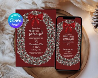 Merry Little Girls Night Christmas Party Invitation, Xmas Friendsmas Cocktail Work Party Invite, Editable Xmas Girls Cocktail Dinner Night,