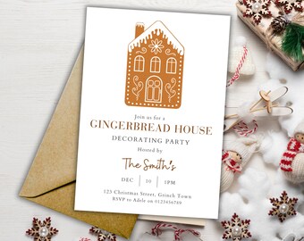 May include: A white invitation card with a gingerbread house illustration. The text reads "Join us for a Gingerbread House Decorating Party, Hosted by The Smith's, DEC | 10 | 1PM, 123 Christmas Street, Grinch Town, RSVP to Adele on 0123456789".