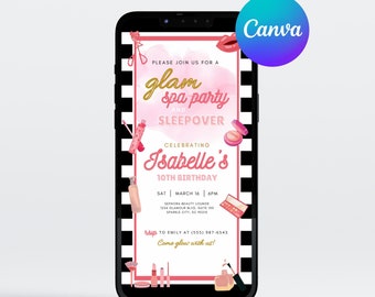 Invitación editable para fiesta temática de Sephora, invitación para fiesta de cumpleaños estilo spa, invitación editable en Canva para fiesta de maquillaje Glitz Girls, descarga digital