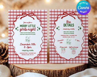 Gingham Merry Little Girls Night Christmas Party Invitation, Xmas Friendsmas Cocktail Work Party Invite, Editable Xmas Girls Cocktail Night
