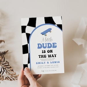 Little Dude babyshower uitnodigingsbundel, Little Dude is onderweg uitnodiging, A Little Dude blauwe babyshower, skateboard Dude babyshower