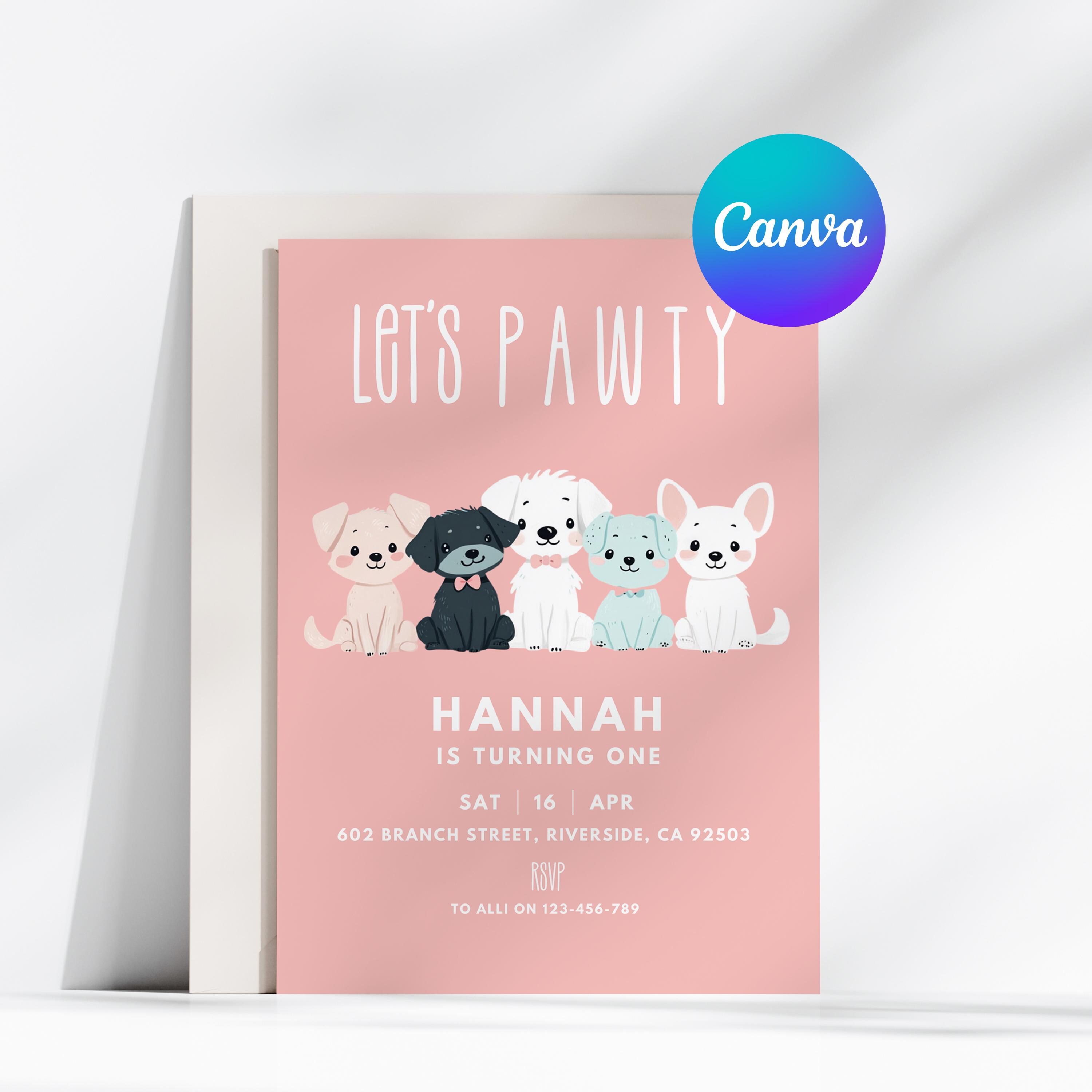Editable Pink Girl Dog Birthday Invitation, Puppy Party Invite, Lets ...