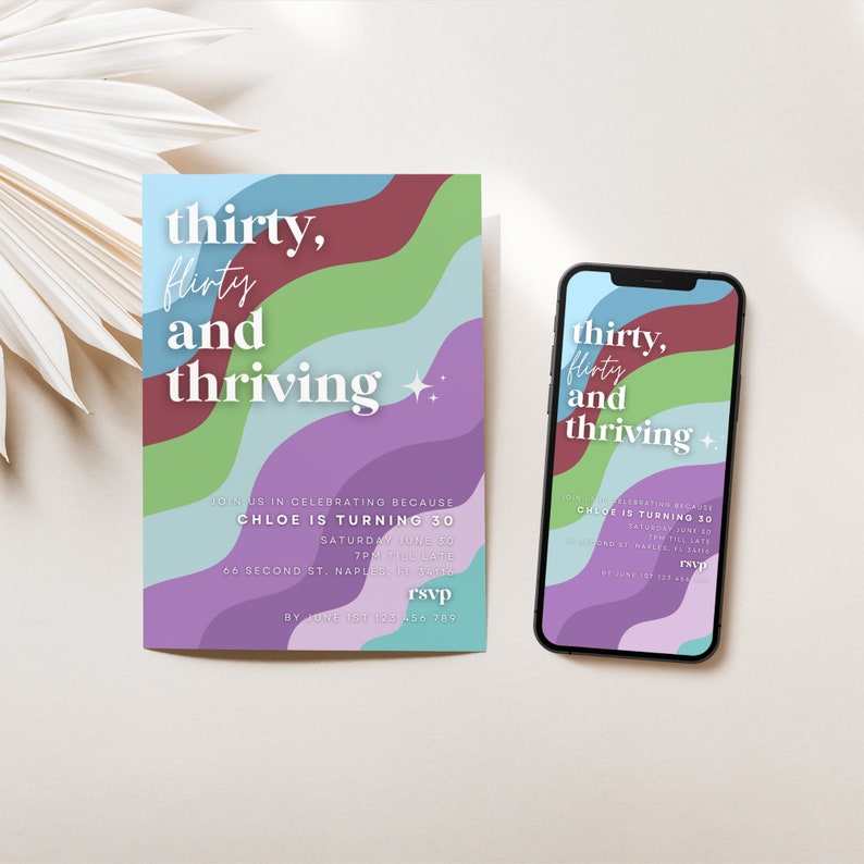 May include: A colorful invitation for a 30th birthday party with the text "thirty, flirty and thriving". The invitation features a wavy abstract design in shades of purple, blue, green, and red. The text "Chloe is turning 30" is included with the date, time, and location of the party.