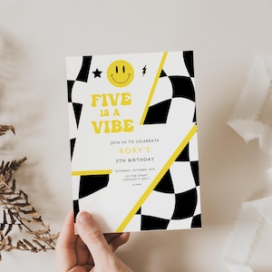 Five is a Vibe Birthday Invitation, Digital Download, Boy 5th Birthday, Retro Checkered Smiley Face Invitation, Editable Canva Template
