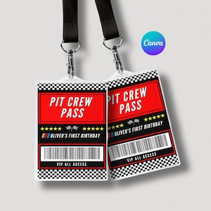 May include: Two black and white chequered pit crew pass lanyards with red and black text. The text reads "Pit Crew Pass" and "Oliver's First Birthday".