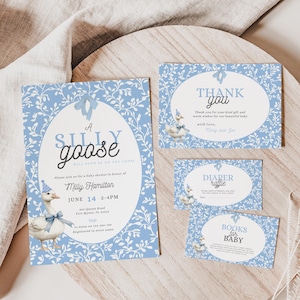 Editable A Silly Goose will soon arrive Baby Shower Invitation Set, Mother Goose Baby Shower, Silly Goose Blue Floral Baby Shower Bundle
