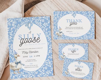Bearbeitbar Eine Dumme Gans kommt bald Babyparty-Einladungs-Set, Muttergans-Babyparty, Dumme Gans Blaues Blumen-Babyparty-Bundle