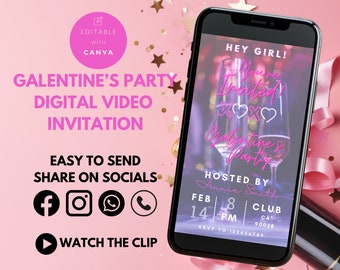 Editable Galentine's Day Party Invitation, Girls Valentines Party Mobile Video Invite, Galentine's Day, Girls Night, Galentine's Invitation