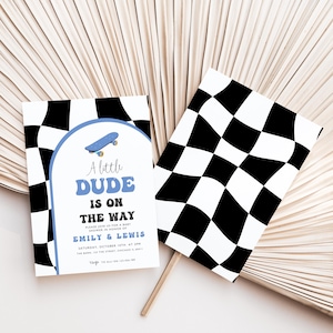Little Dude babyshower uitnodigingsbundel, Little Dude is onderweg uitnodiging, A Little Dude blauwe babyshower, skateboard dude babyshower