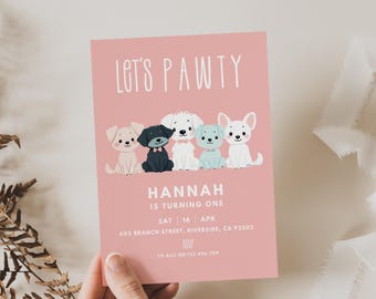 Editable Pink Girl Dog Birthday Invitation, Puppy Party Invite, Lets Pawty Invitation, Animal Birthday, Pink Pet Party, Instant Download