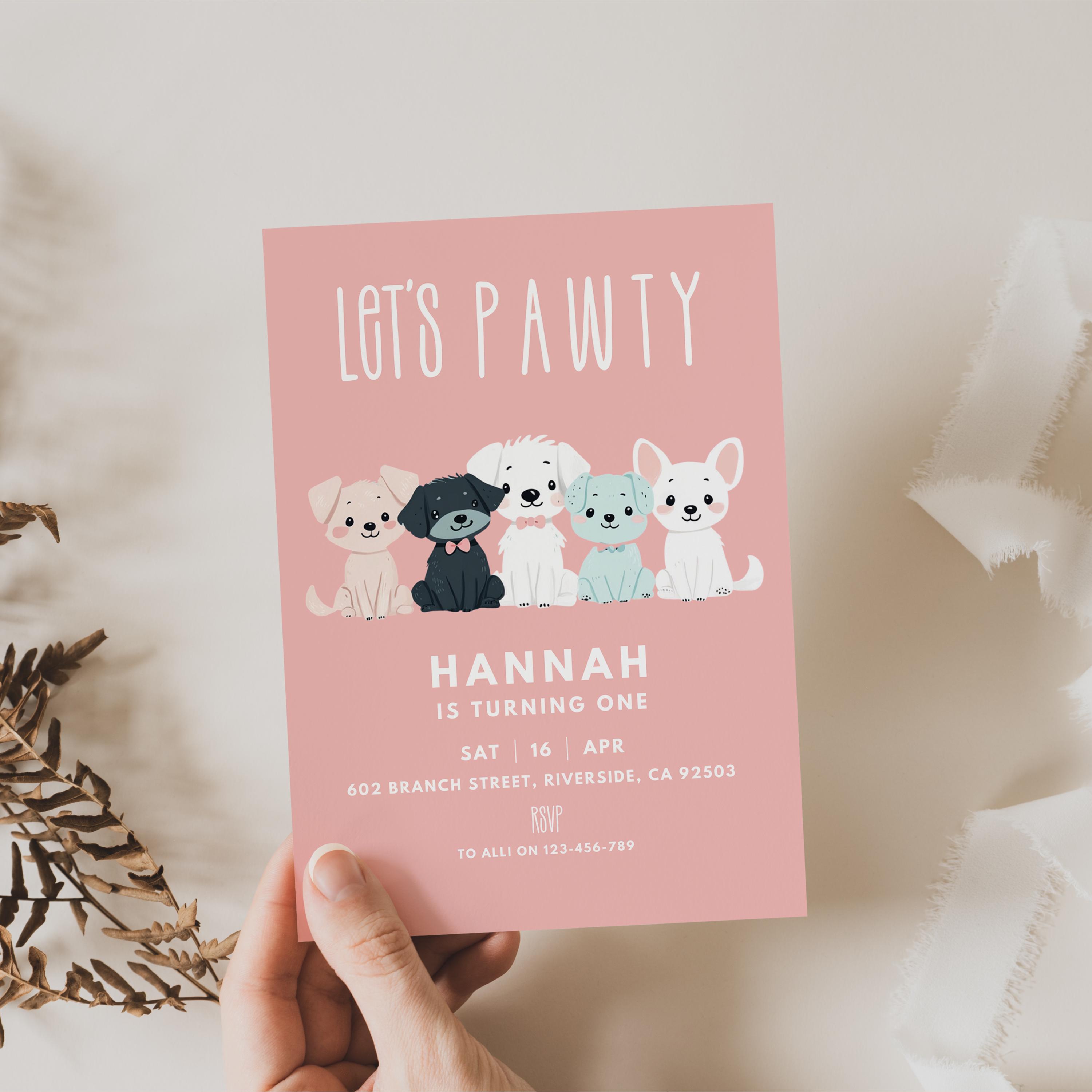 Editable Pink Girl Dog Birthday Invitation, Puppy Party Invite, Lets ...