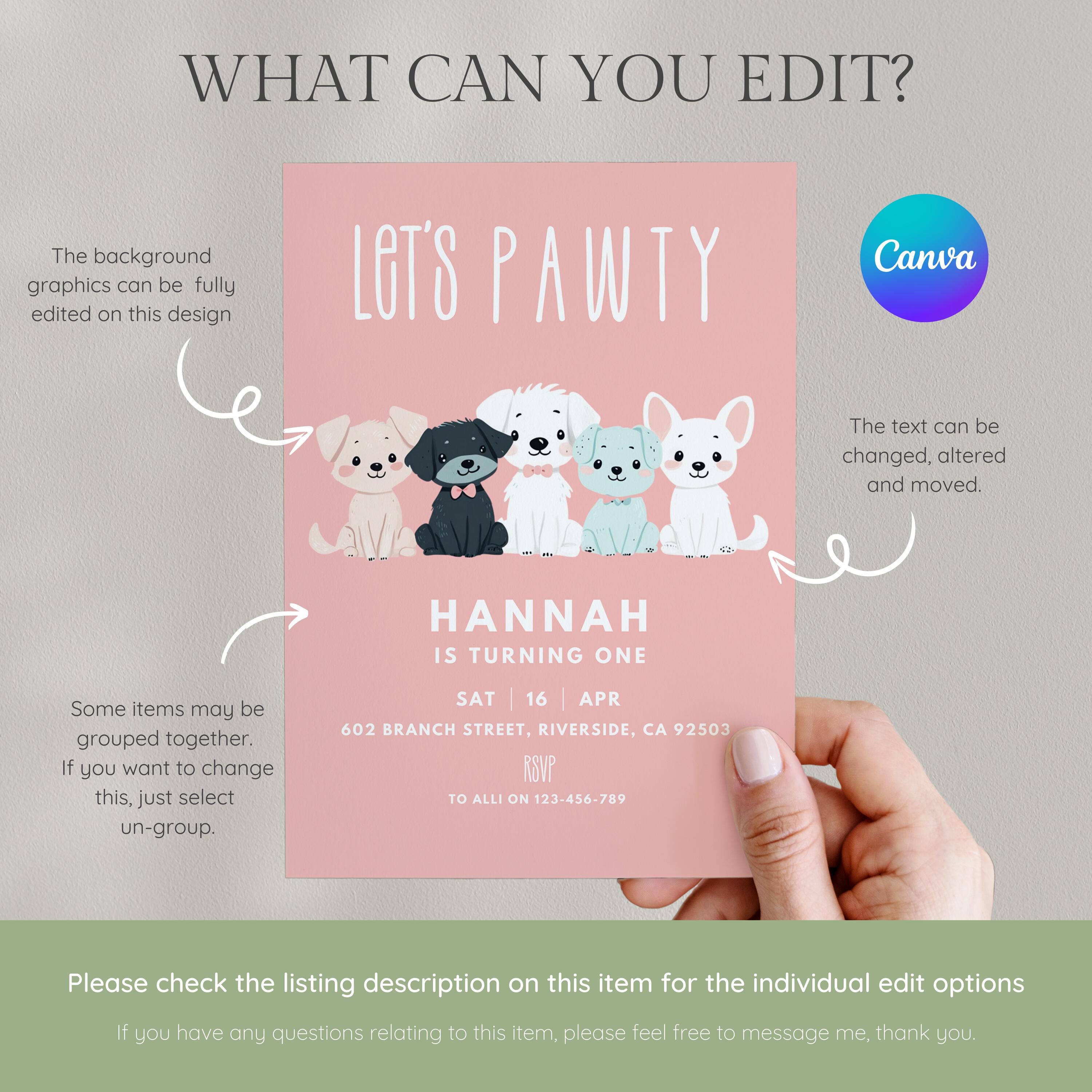 Editable Pink Girl Dog Birthday Invitation, Puppy Party Invite, Lets ...