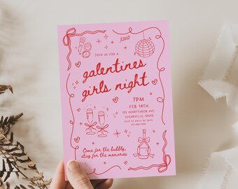 Galentine's Day Invite, Editable Valentine's Party Text Invitation Template, Galentine's Girls Night, Doodle Hand Drawn Cupid Coquette