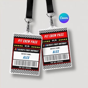 May include: Two white plastic pit crew passes with black and white chequered borders. The passes have red and white stripes, a red banner that says "PIT CREW PASS" and a smaller banner that says "OLIVER'S FIRST BIRTHDAY". The passes have a space for a driver's name and a barcode. The text "VIP ALL ACCESS" is printed on the bottom of each pass.