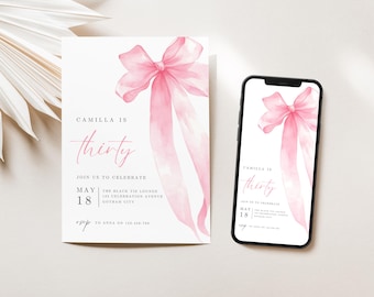 Editable 30th Birthday Pink Bow Invitation Template, Minimalist Pink Bow Birthday Invite, Coquette Pink Bow Invitation, 20th, 40th, 50th