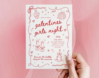Galentine's Day Invite, Editable Valentine's Party Text Invitation Template, Galentine's Girls Night, Doodle Hand Drawn Cupid Coquette