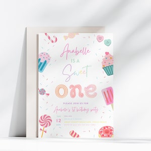 Sweet One Birthday Invitation, First Birthday Girl Invitation, Candy Land Birthday Invitation, Donut invite Template, Text Invite, Canva