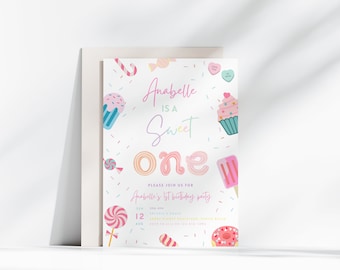 Sweet One Birthday Invitation, First Birthday Girl Invitation, Candy Land Birthday Invitation, Donut invite Template, Text Invite, Canva