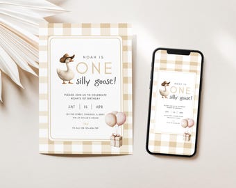 May include: A beige and white gingham patterned invitation with a cartoon goose wearing a cowboy hat and holding balloons. The text on the invitation reads "Noah is One silly goose!" and includes details for a first birthday party.