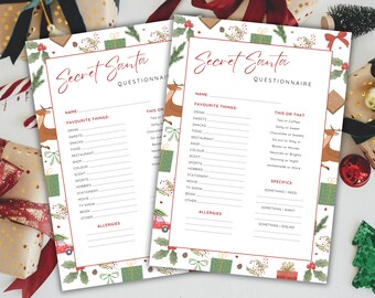 Op de afbeelding: Twee printbare Secret Santa-vragenlijsten met een kerstthema. De vragenlijsten bevatten secties voor favoriete dingen, dit of dat, en specifieke details. Het papier is wit met een rode en groene rand en een feestelijk ontwerp.