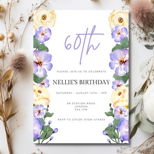 60th Floral Birthday Invite, Instant Download, 60th Birthday Card, Birthday Invitation Template, 60th Invite Template, Digital 60th Invite