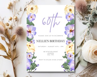 60th Floral Birthday Invite, Instant Download, 60th Birthday Card, Birthday Invitation Template, 60th Invite Template, Digital 60th Invite