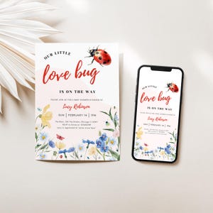 Little Love Bug Baby Shower Invitation, Editable Gender Neutral Ladybug Insect Baby Shower Invitation Template, Bug Invite Canva Text Invite