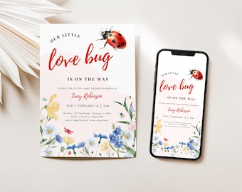 Little Love Bug Baby Shower Invitation, Editable Gender Neutral Ladybug Insect Baby Shower Invitation Template, Bug Invite Canva Text Invite