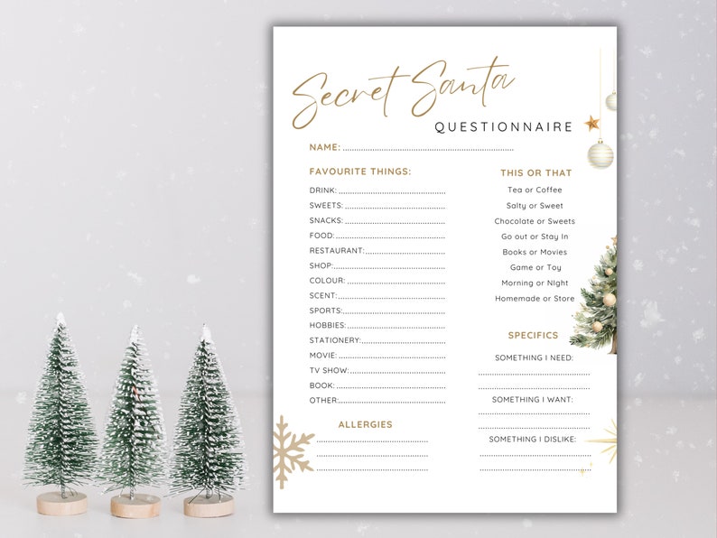 Printable Secret Santa Gift Exchange Questionnaire Office Etsy