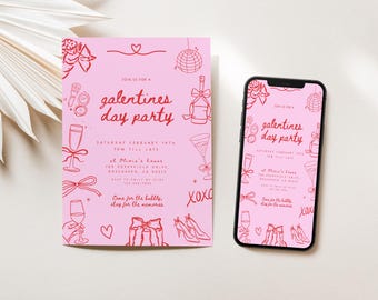 Galentine's Day Invite, Editable Valentine's Party Text Invitation Template, Galentine's Girls Night, Doodle Hand Drawn Cupid Coquette