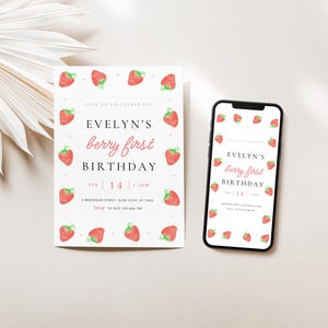 Berry First Birthday Invitation, Berry First Birthday Digital Invitation Birthday, Strawberry First Birthday Invite, Canva Template