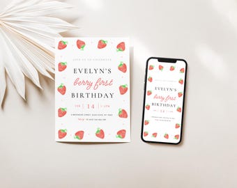 Berry First Birthday Invitation, Berry First Birthday Digital Invitation Birthday, Strawberry First Birthday Invite, Canva Template