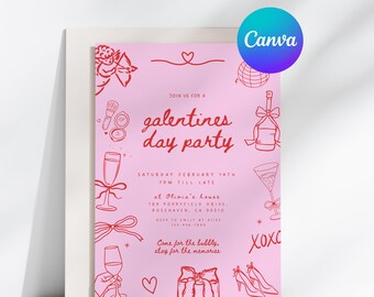 Galentine's Day Invite, Editable Valentine's Party Text Invitation Template, Galentine's Girls Night, Doodle Hand Drawn Cupid Coquette