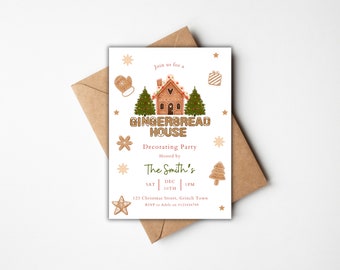 May include: A white invitation card with a gingerbread house illustration and the text "Join us for a Gingerbread House Decorating Party Hosted by The Smith's SAT DEC 10TH 1PM 123 Christmas Street, Grinch Town RSVP to Adele on 0123456789".